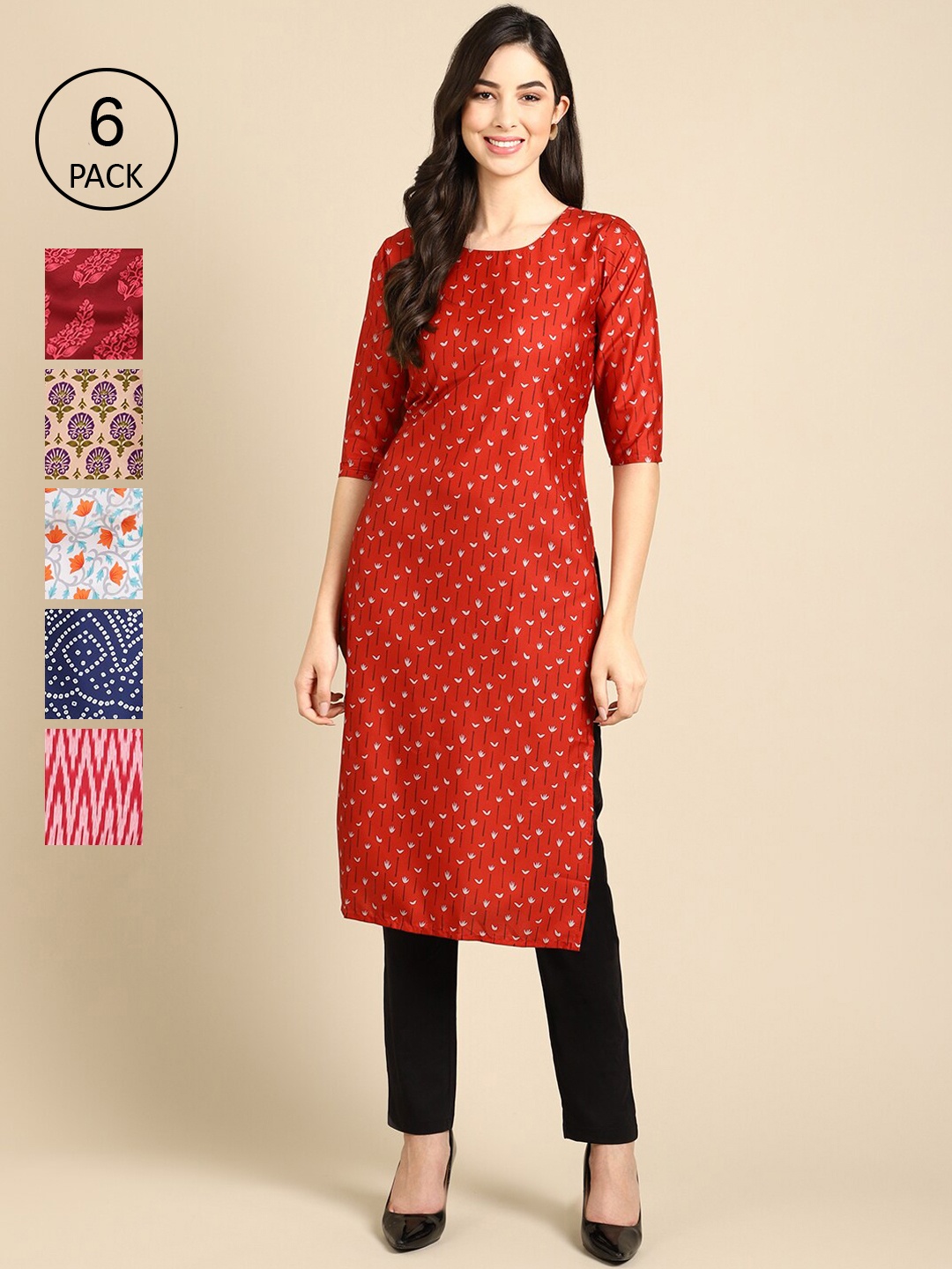 

7Threads Women Set Of 6 Red & Blue Ethnic Motifs Printed Crepe Kurta