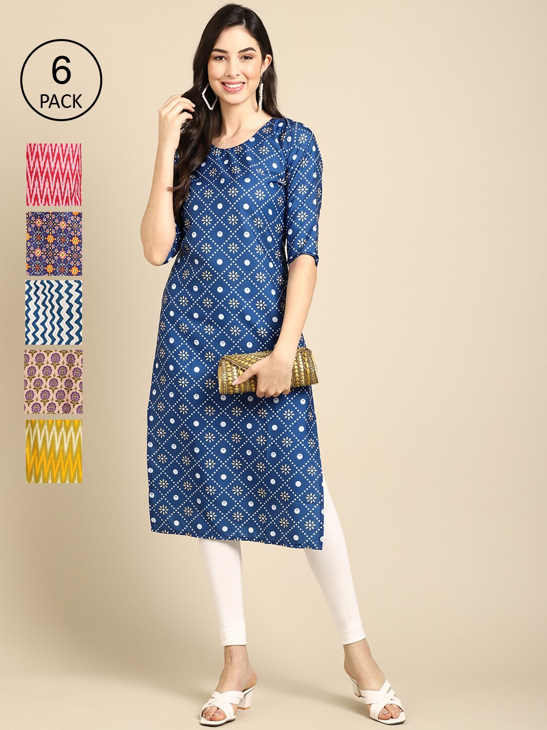 

7Threads Women Pack Of 6 Multicoloured Geometric Printed Crepe Kurta, Multi