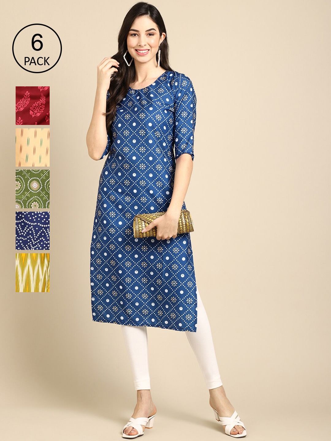 7Threads Women Pack Of 6 Multicoloured Geometric Printed Crepe Kurta, Multi