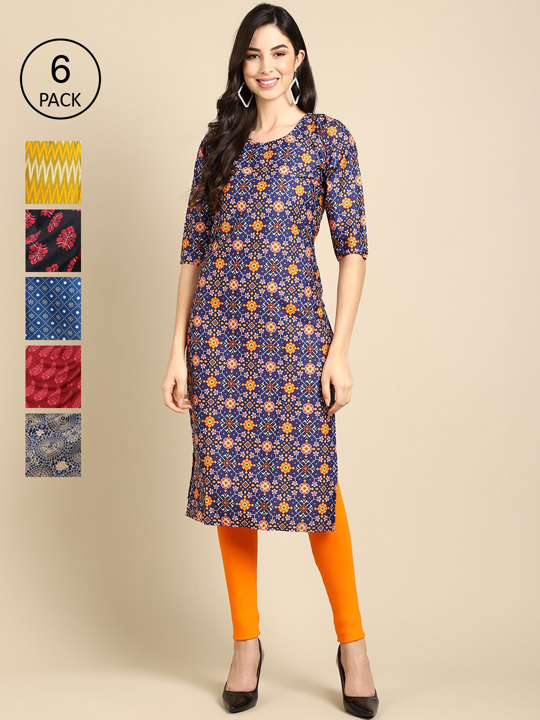

7Threads Women Pack Of 6 Multicoloured Geometric Printed Crepe Kurta, Multi