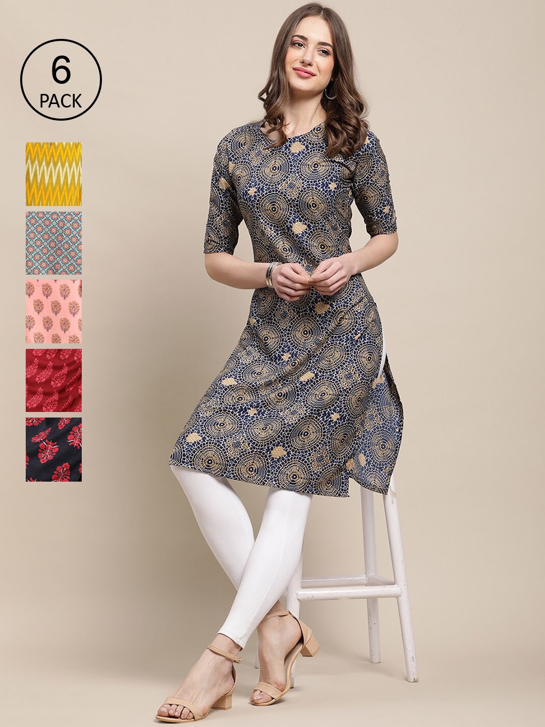 7Threads Women Pack Of 6 Multicoloured Geometric Printed Crepe Kurta, Multi