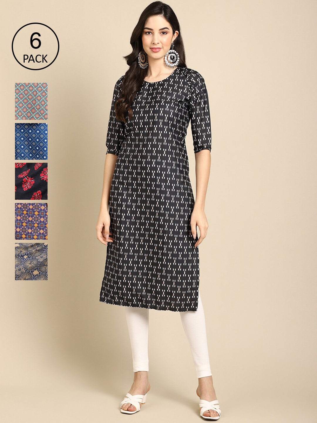 

7Threads Women Pack Of 6 Multicoloured Geometric Printed Crepe Kurta, Multi