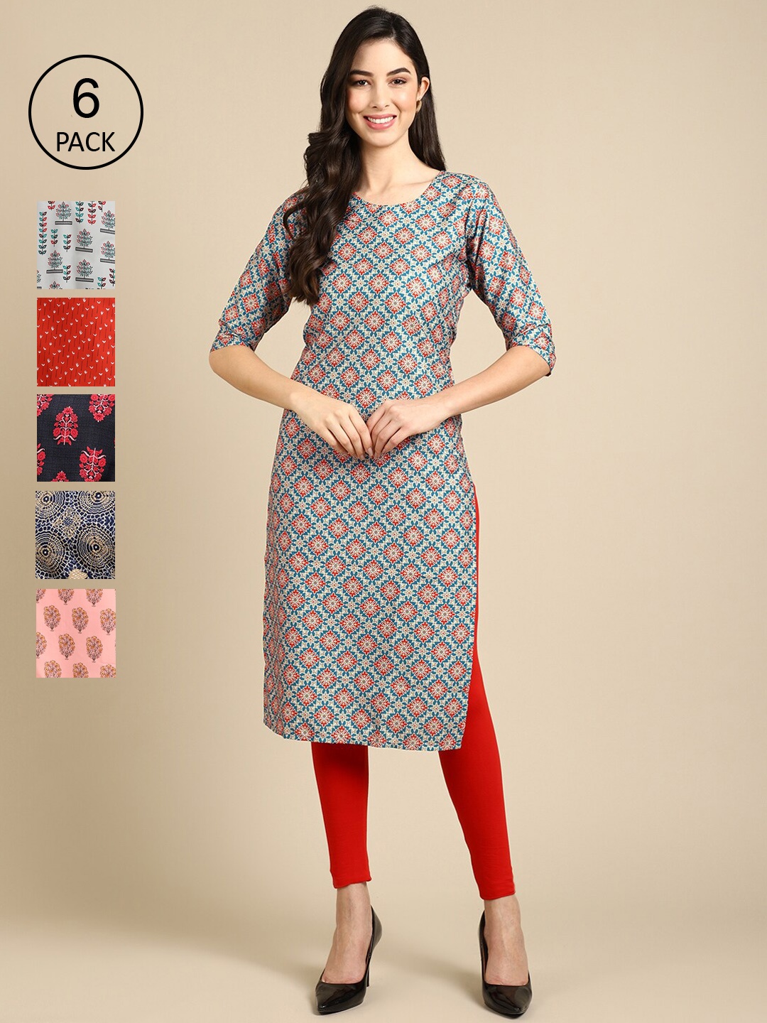 

7Threads Women Pack Of 6 Multicoloured Geometric Printed Crepe Kurta, Multi