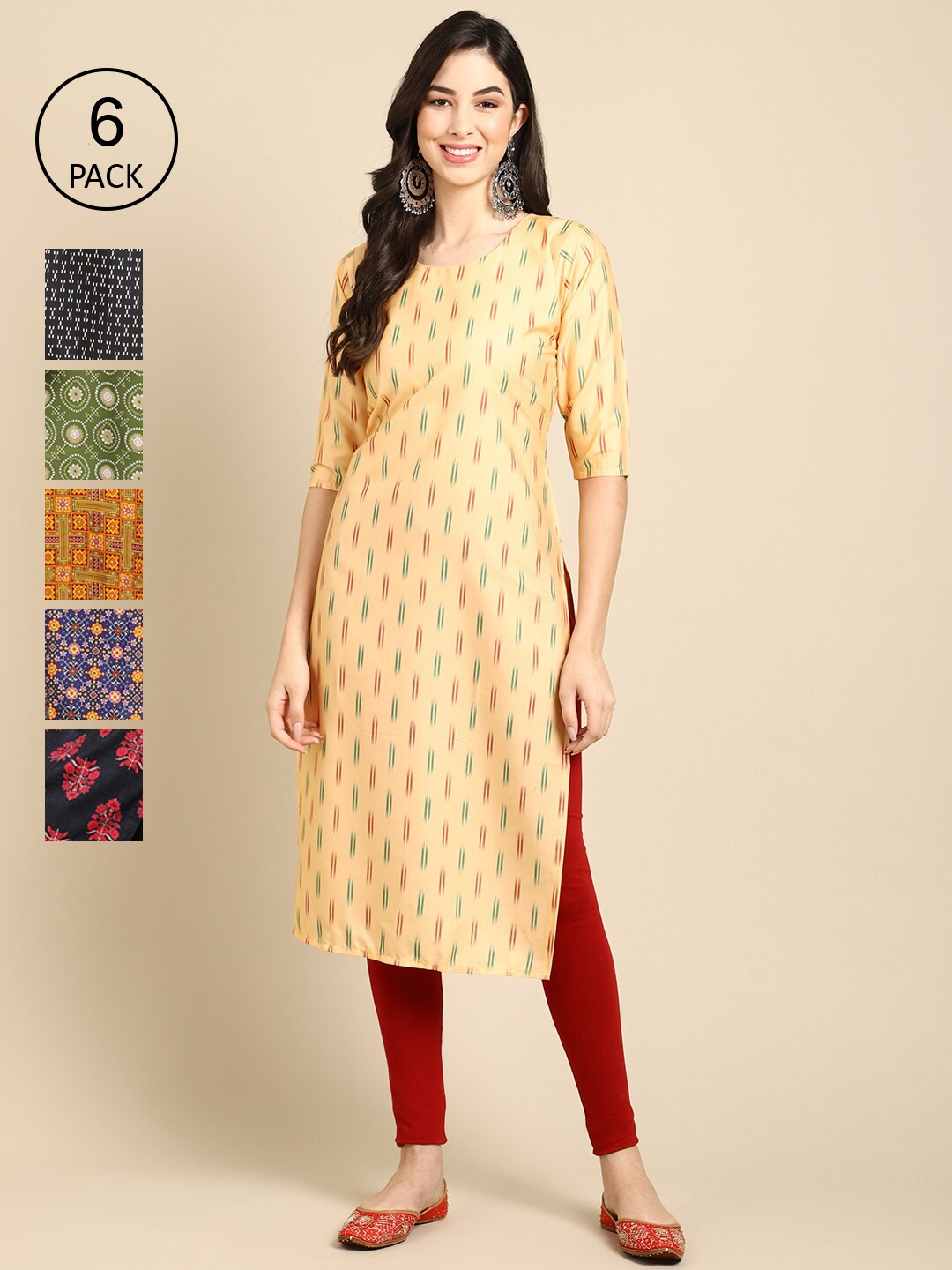 

7Threads Women Pack Of 6 Multicoloured Geometric Printed Crepe Kurta, Multi