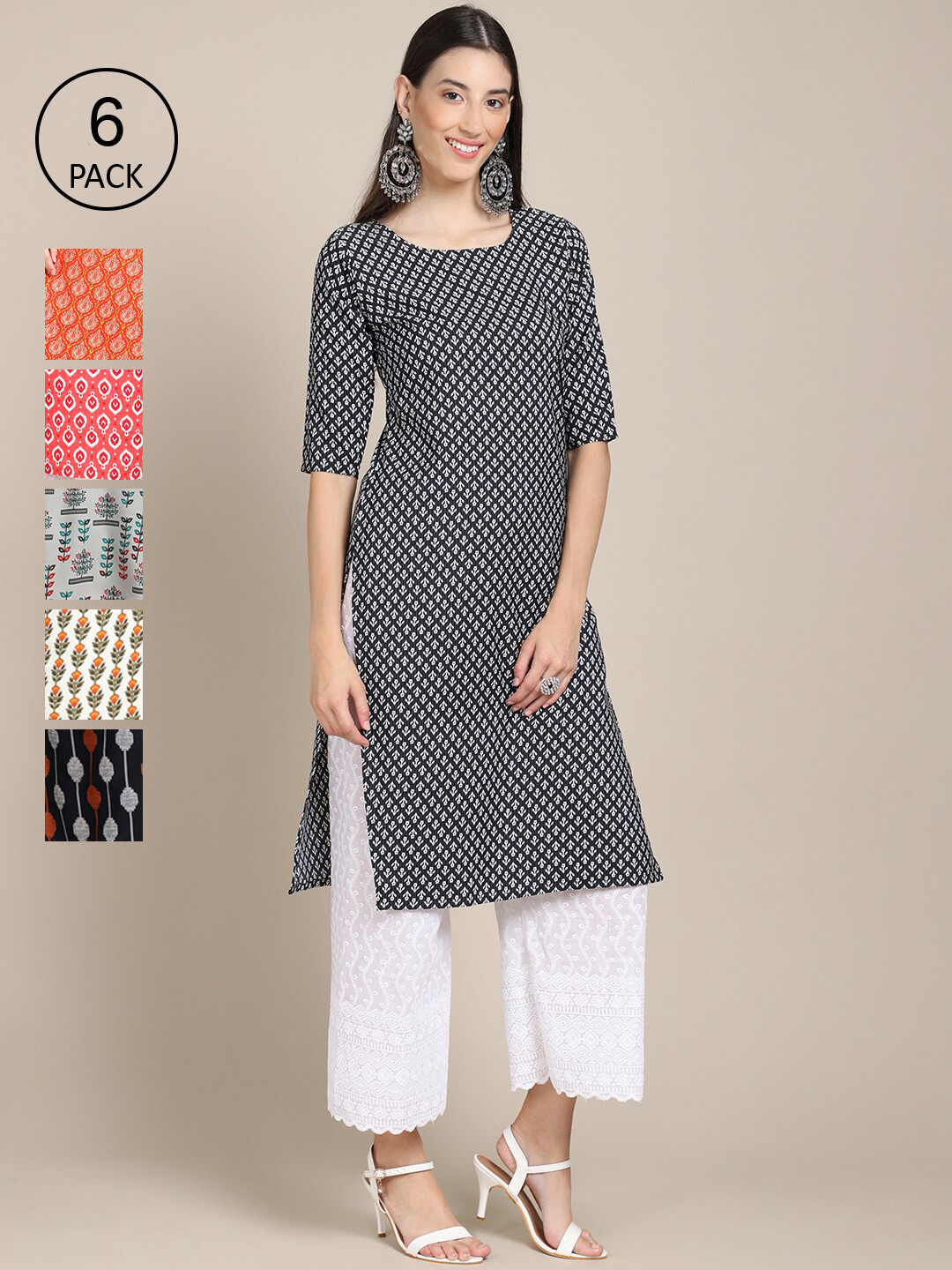 

7Threads Women Pack Of 6 Multicoloured Geometric Printed Crepe Kurta, Multi