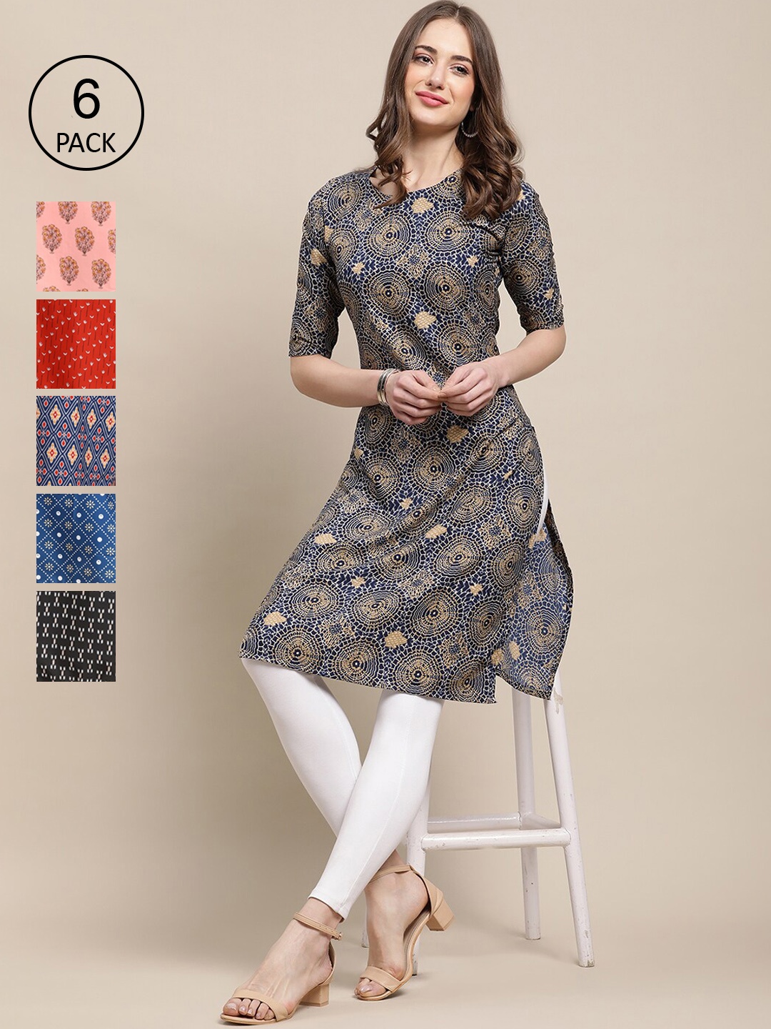 

7Threads Women Pack Of 6 Multicoloured Geometric Printed Crepe Kurta, Multi