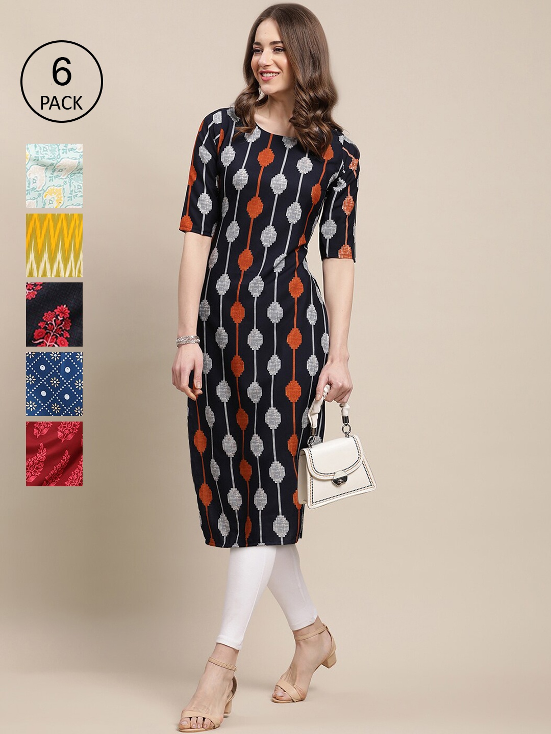 7Threads Women Pack Of 6 Multicoloured Geometric Printed Crepe Kurta, Multi