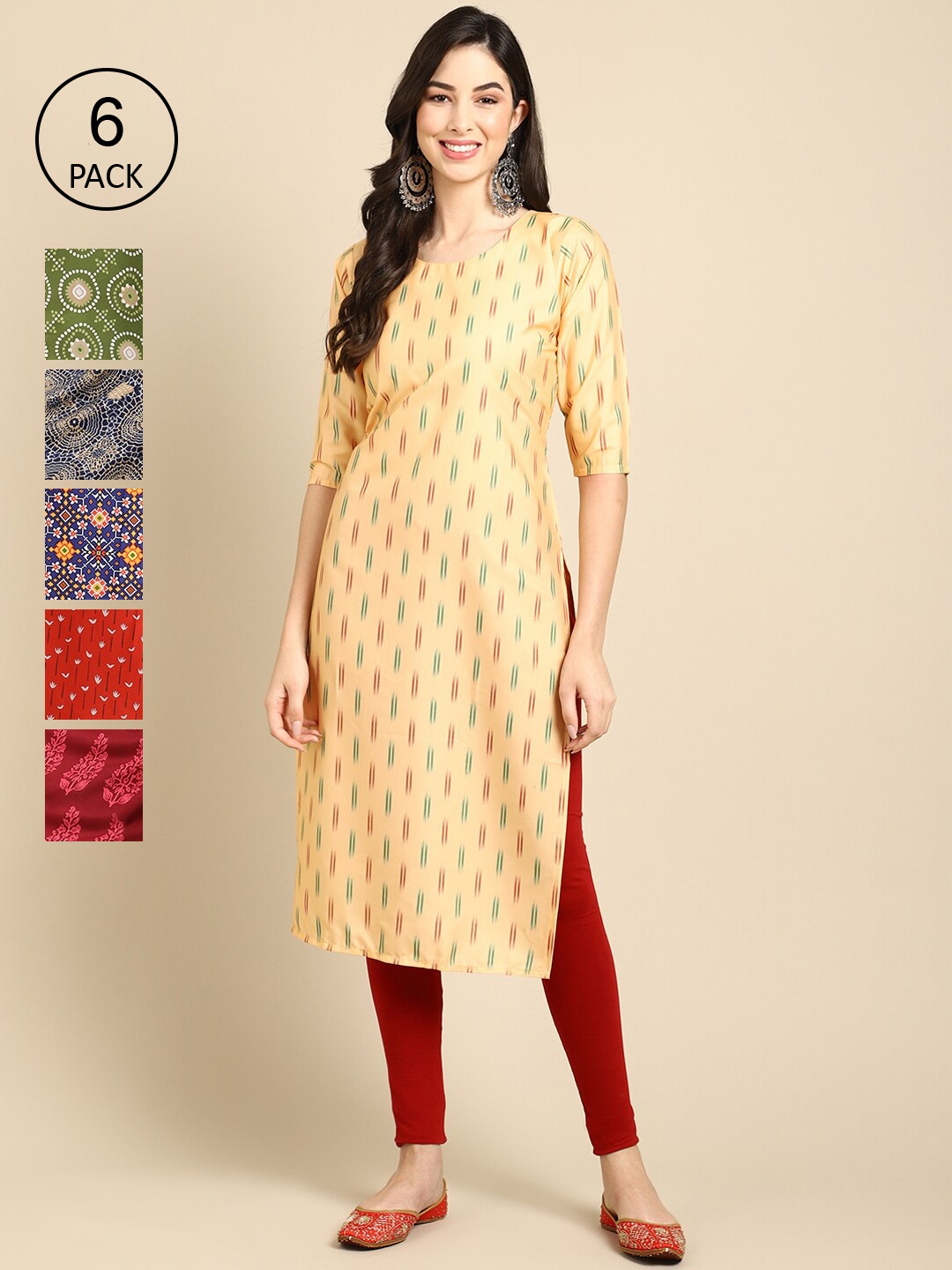 

7Threads Women Pack Of 6 Multicoloured Geometric Printed Crepe Kurta, Multi