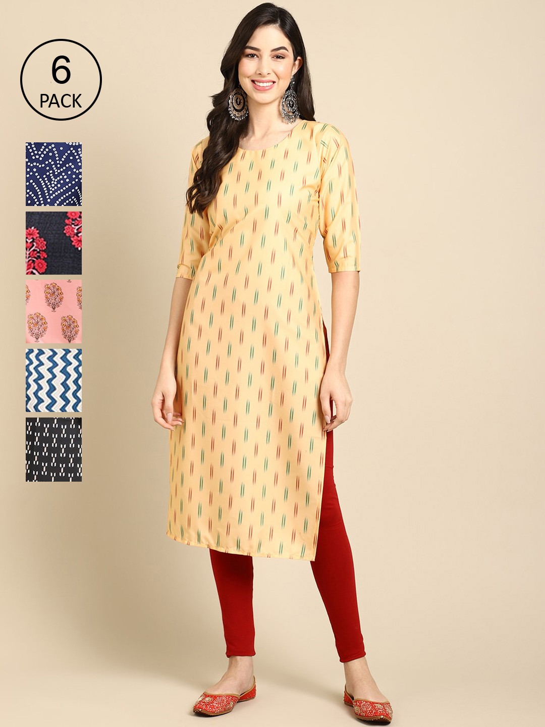 

7Threads Pack of 6 Women Multicoloured & Yellow Ethnic Motifs Printed Crepe Kurta, Multi