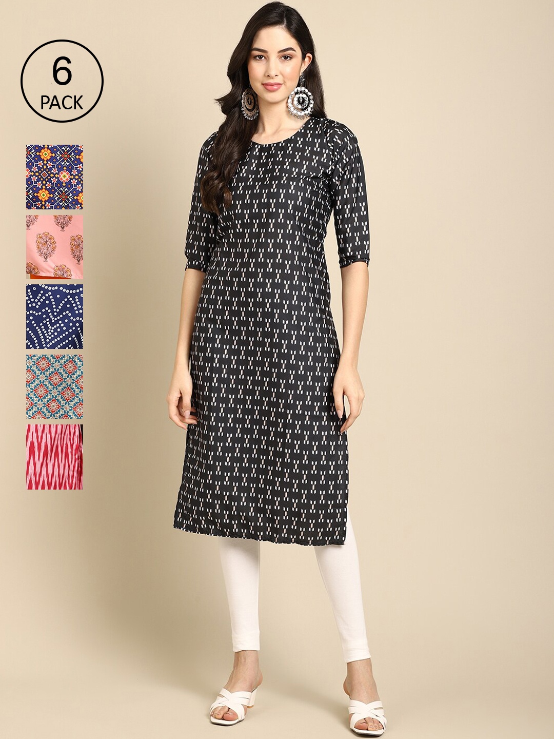 

7Threads Pack of 6 Women Multicoloured & Navy Blue Ethnic Motifs Printed Crepe Kurta, Multi