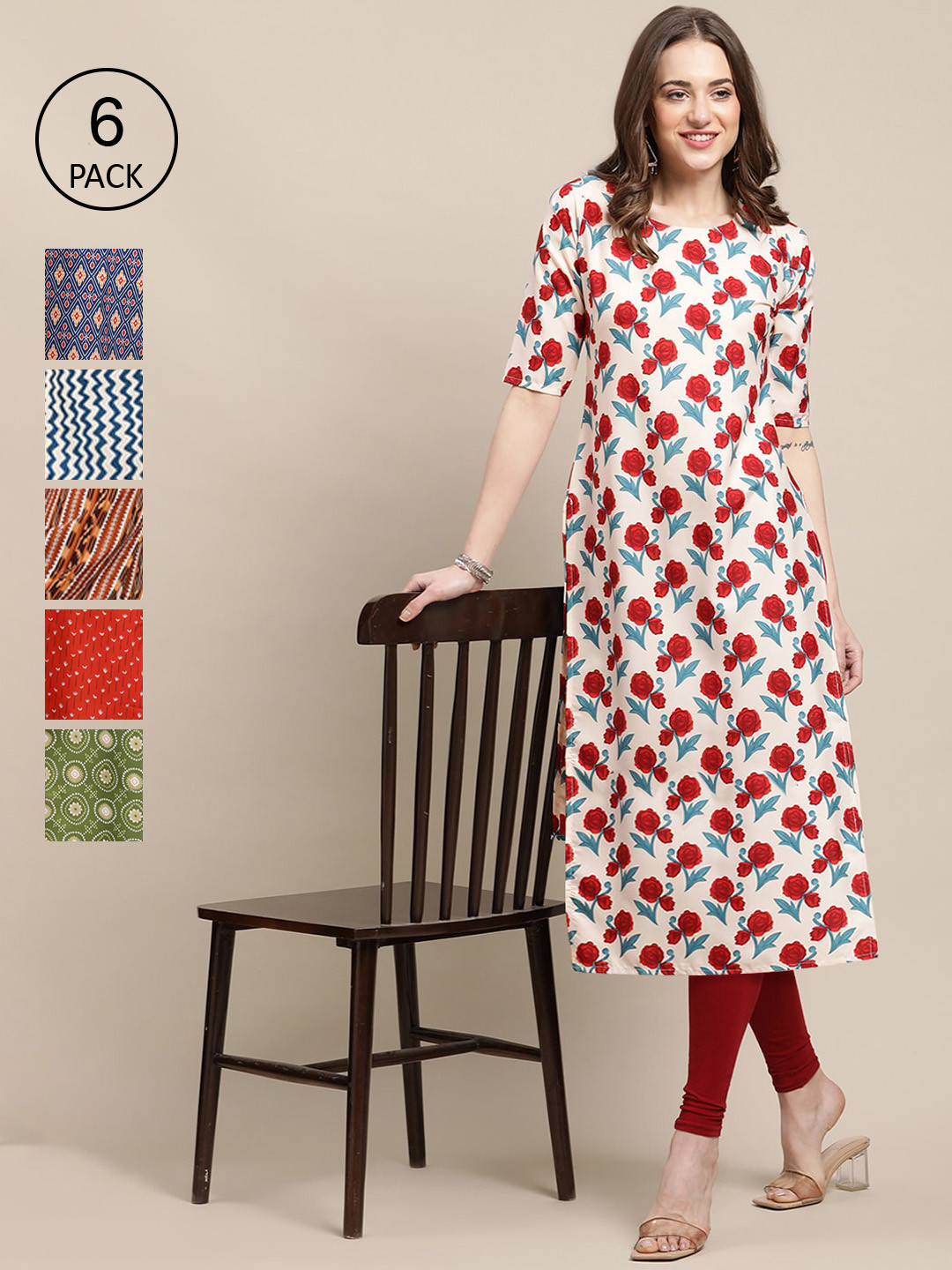 

7Threads Pack of 6 Women Multicoloured & Navy Blue Ethnic Motifs Printed Crepe Kurta, Multi
