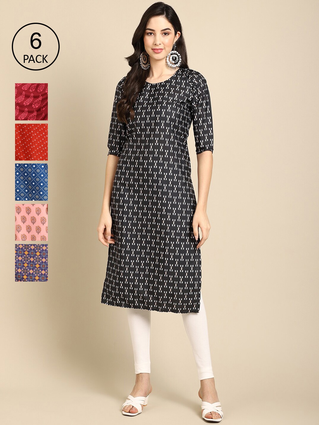 

7Threads Pack of 6 Women Multicoloured & Blue Ethnic Motifs Printed Crepe Kurta, Multi