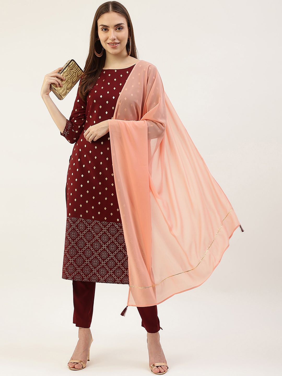 

FIORRA Women Maroon Ethnic Motifs Printed Kurta with Trousers & With Dupatta