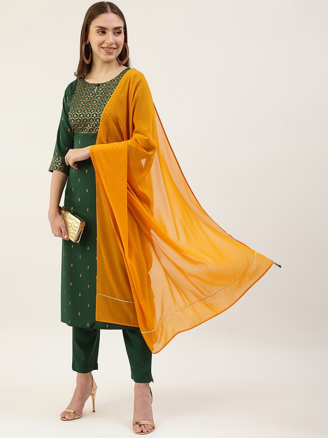 

FIORRA Women Green Ethnic Motifs Printed Kurta with Trousers & With Dupatta