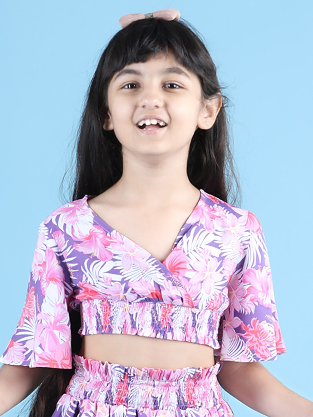 

luyk Girls Pink Floral Print Tropical Wrap Crop Top