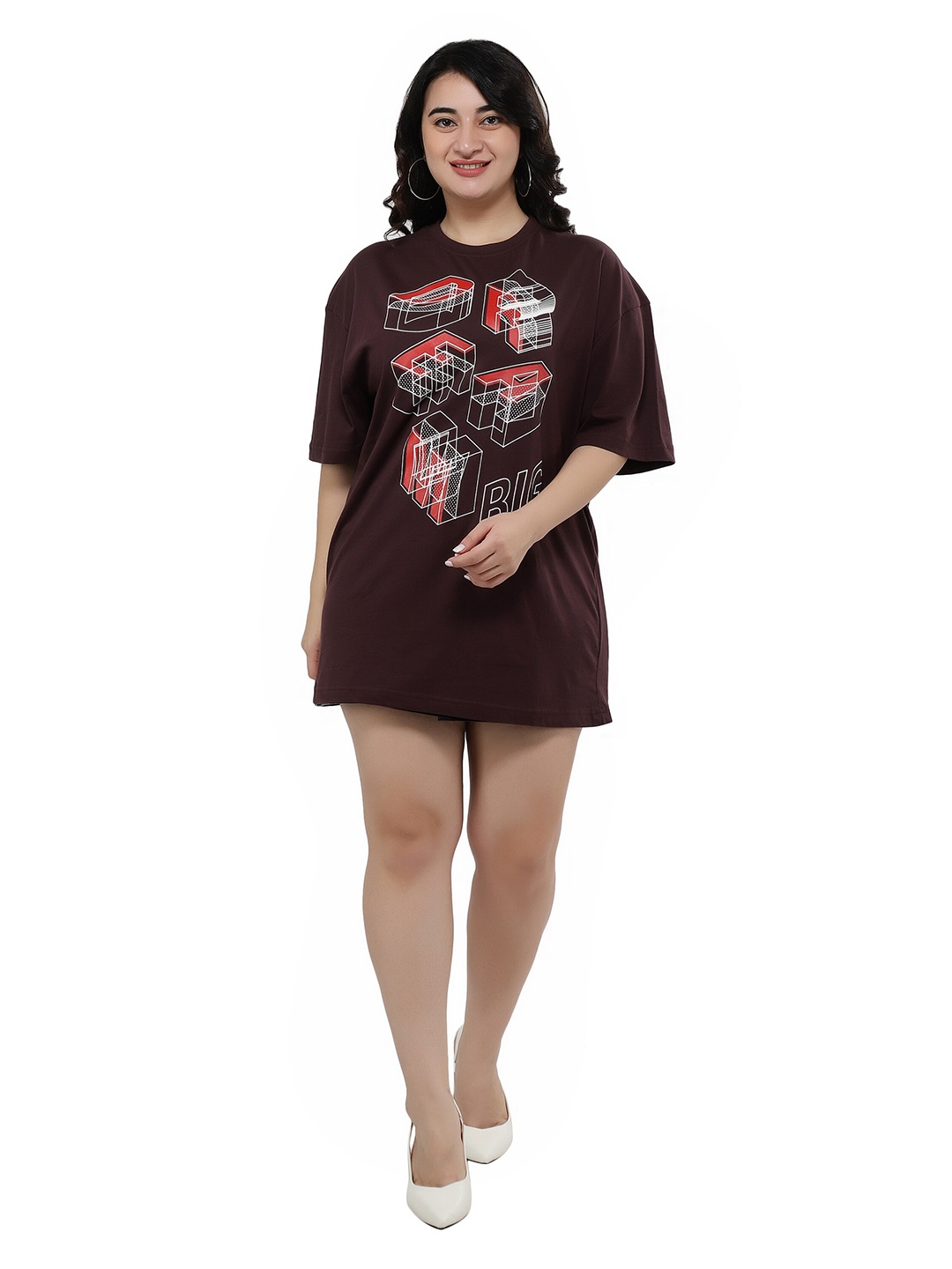 

NUEVOSDAMAS Women Brown & Red Printed Pure Cotton T-shirt