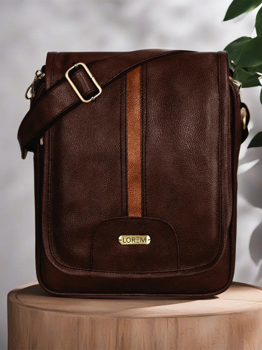 

LOREM Unisex Brown Striped Structured Sling Bag