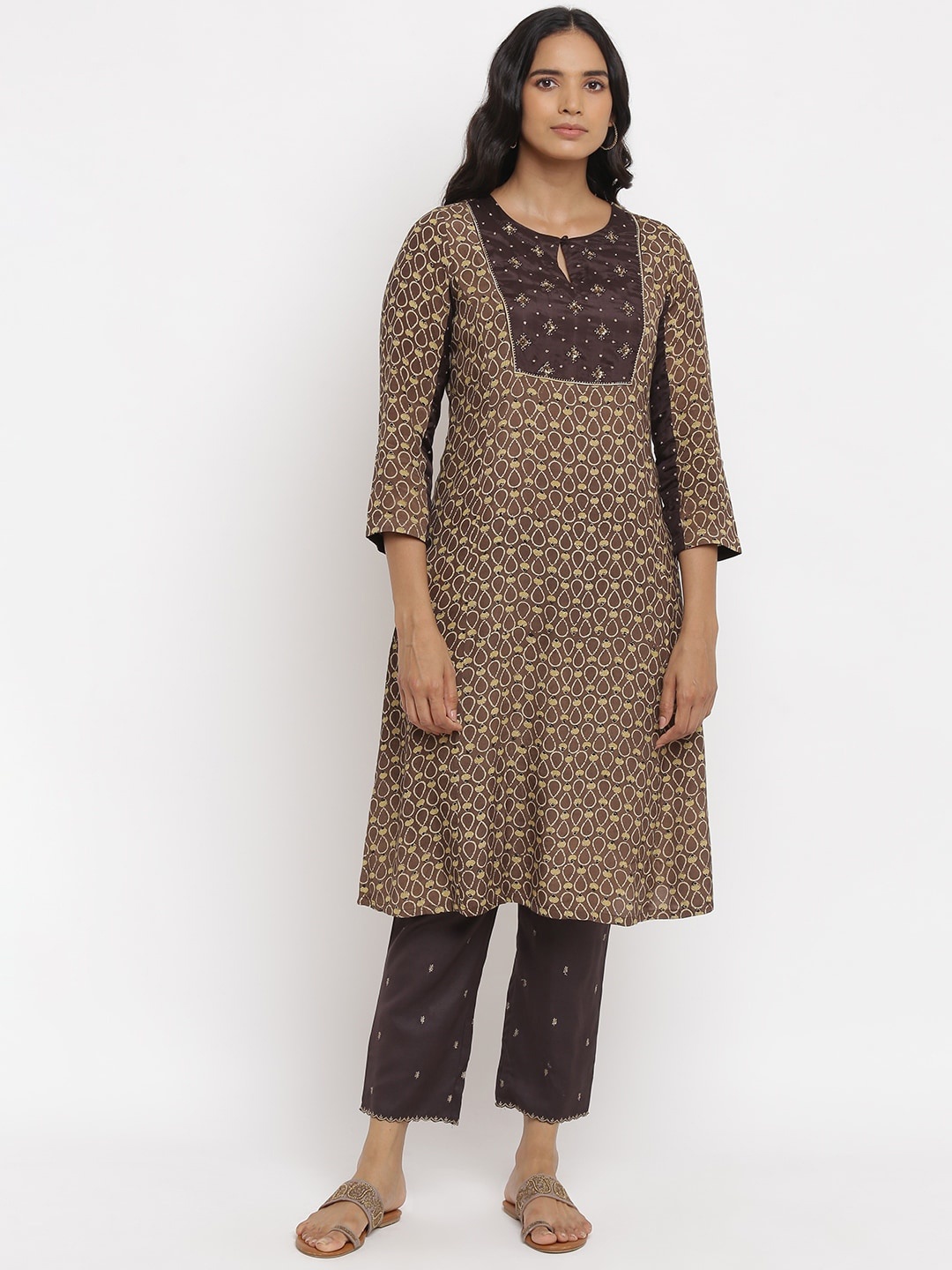 

W The Folksong Collection Women Brown Geometric Printed Keyhole Neck Indie Prints Kurta