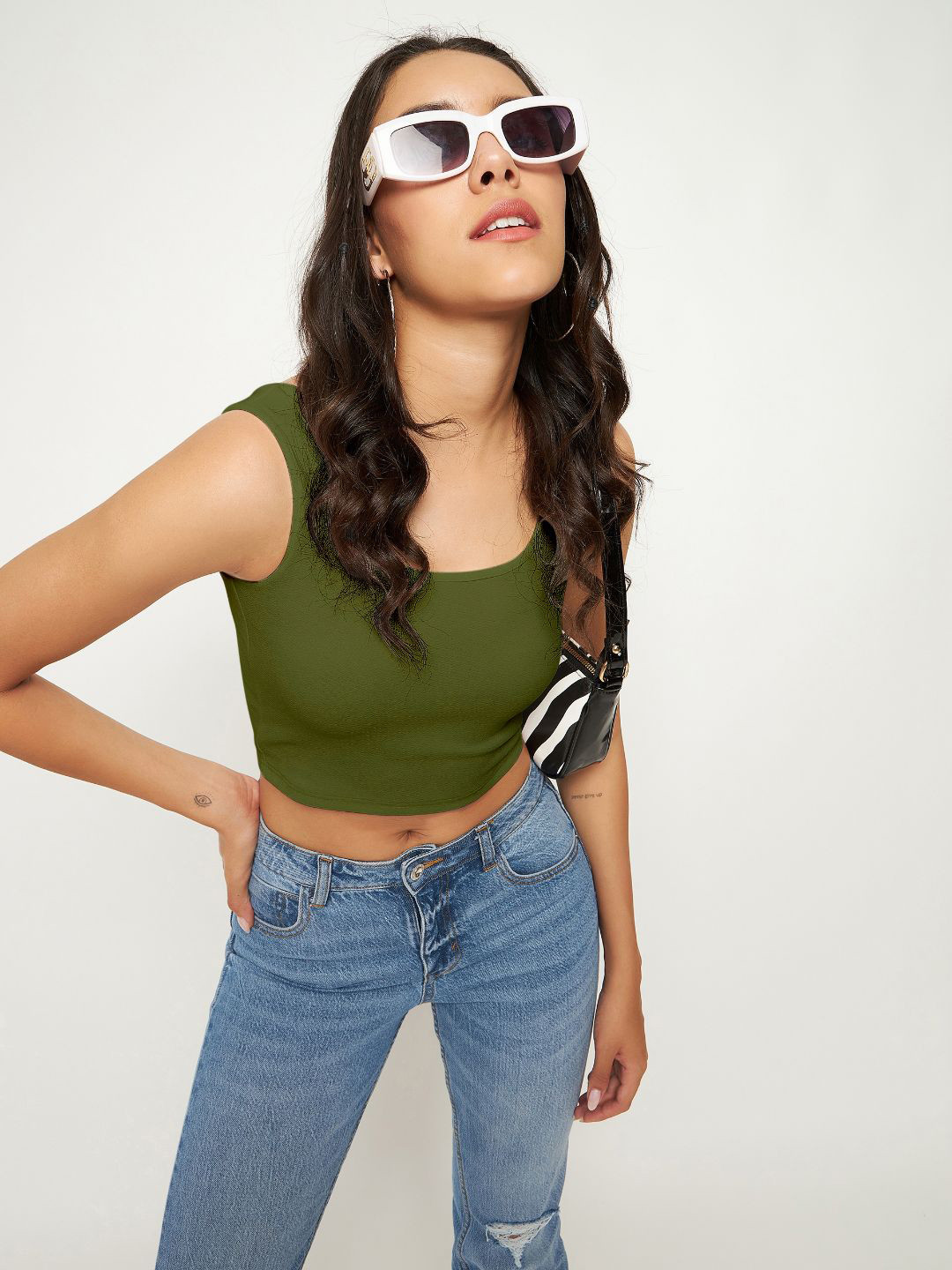 

Uptownie Lite Stretchable Round Neck Sleeveless Crop Top, Olive