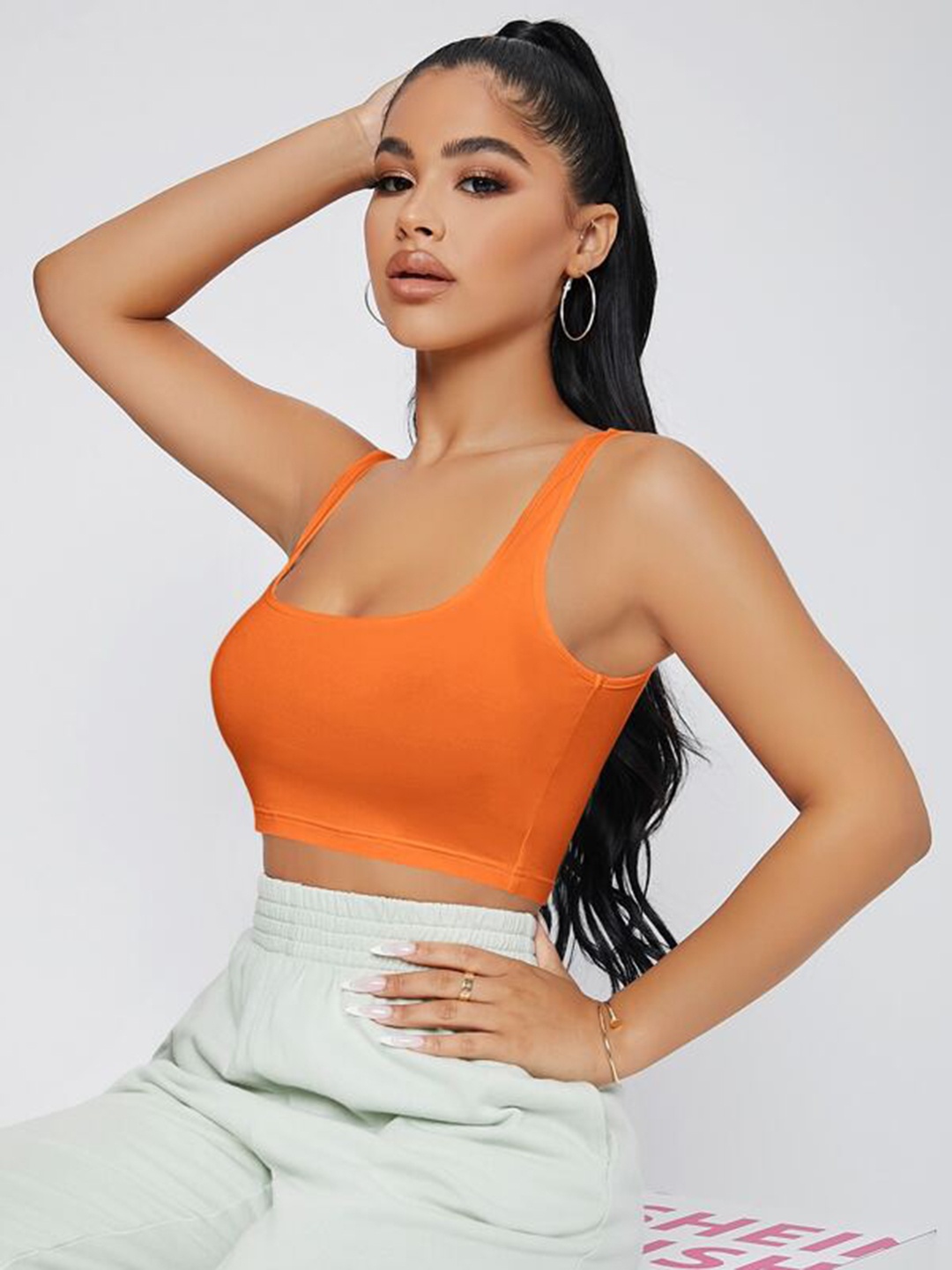 

Uptownie Lite Women Orange Stretchable Round Neck Sleeveless Crop Top