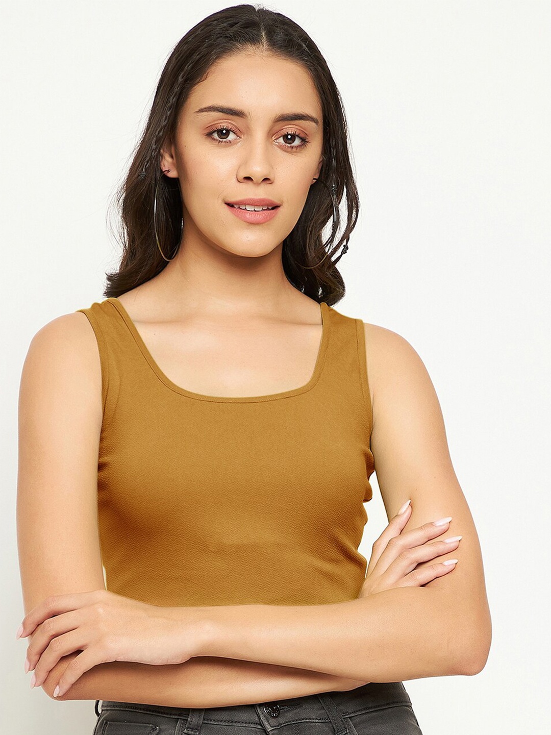 

Uptownie Lite Women Stretchable Round Neck Sleeveless Crop Top, Mustard