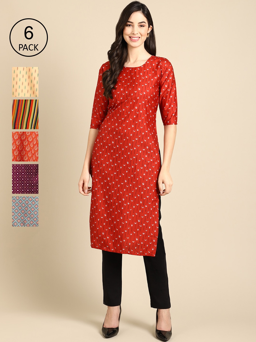 

7Threads Women Pack of 6 Geometric Printed Crepe Kurta, Red