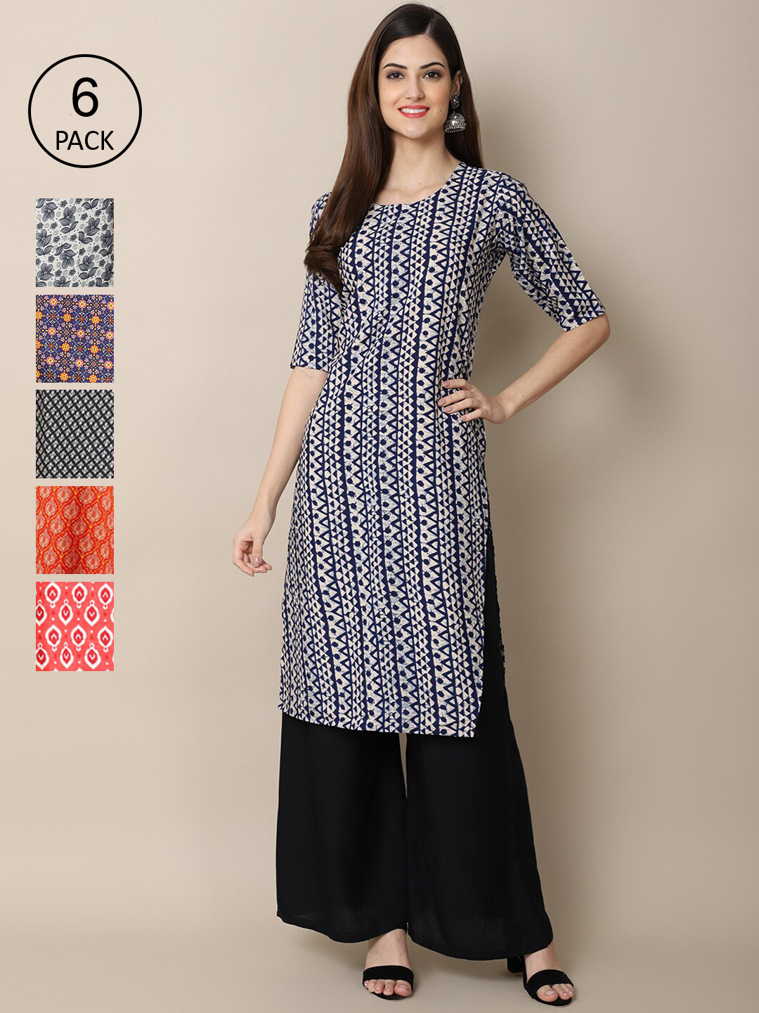 

7Threads Women Pack of 6 Digital Printed Straight Kurtas, Blue