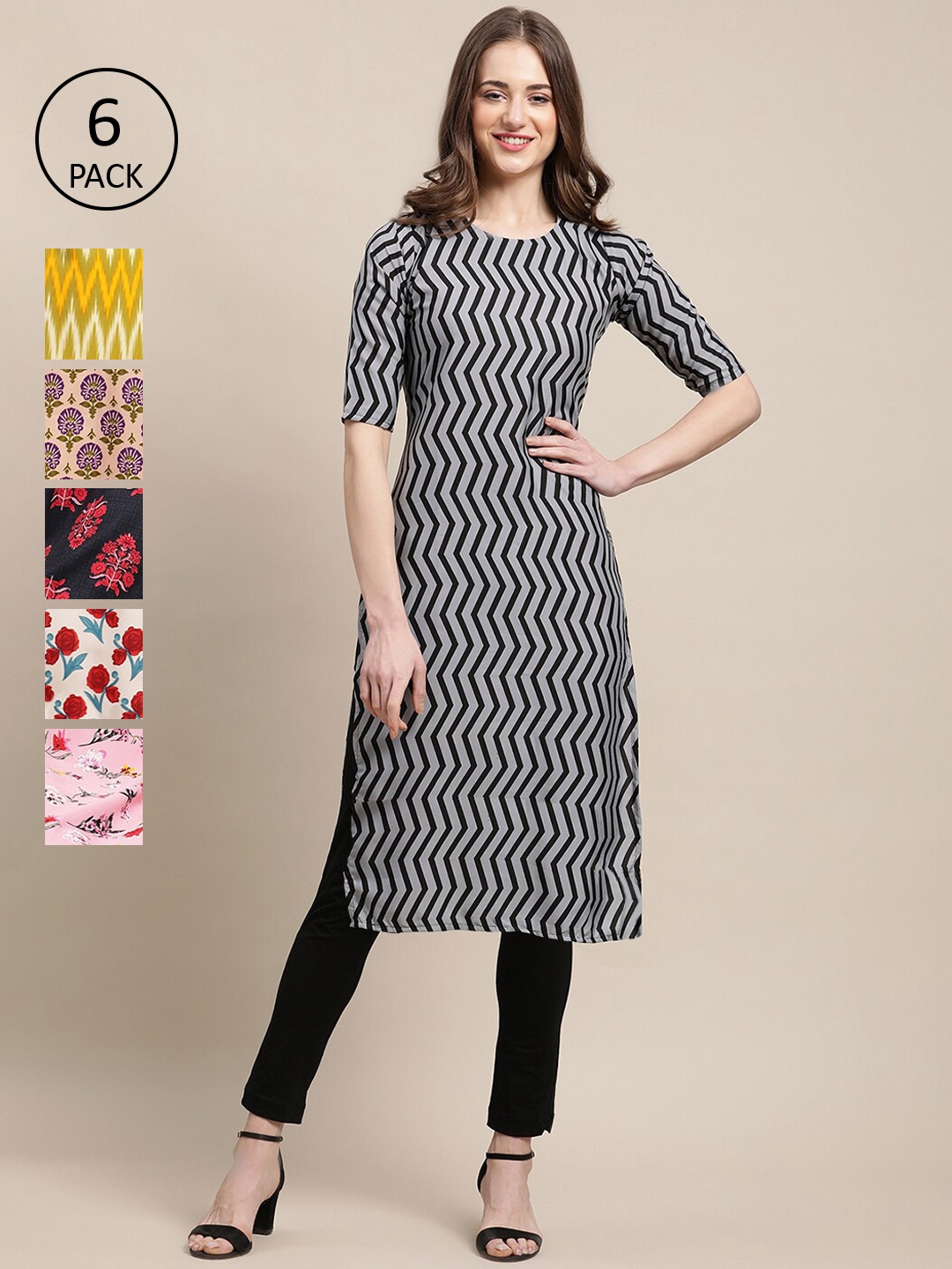 

7Threads Women Black & Pink Ethnic Motifs Printed Crepe Kurta