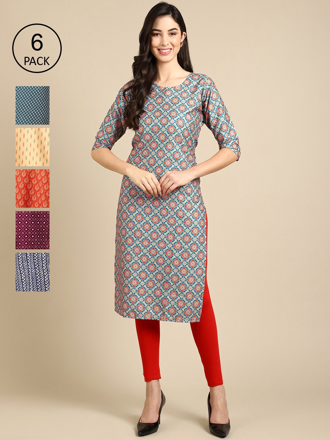 7Threads Women Pack of 6 Digital Printed Crepe Straight Kurtas, Blue