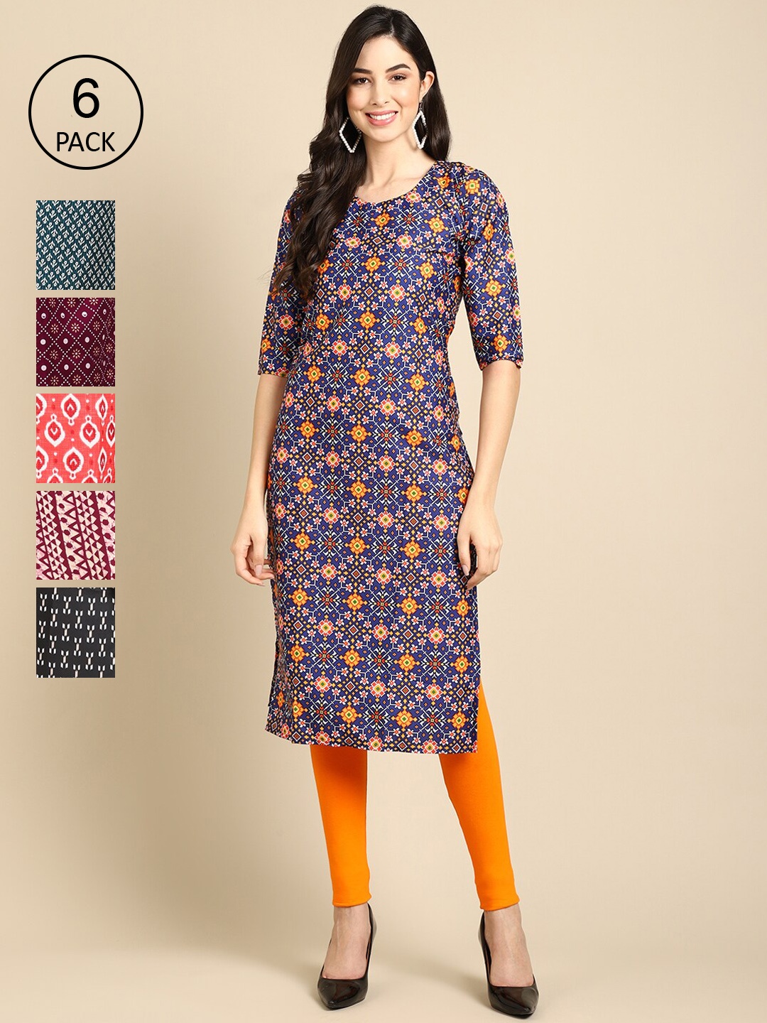 

7Threads Women Multicoloured Geometric Printed Thread Work Crepe Kurta, Multi