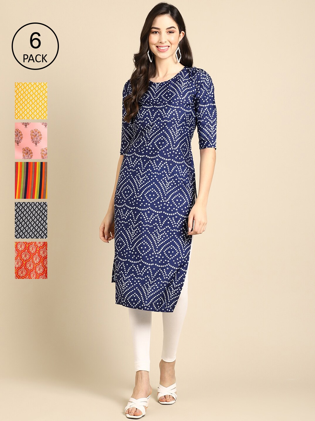 

7Threads Women Pack Of 6 Crepe Printed Straight Kurta, Mustard