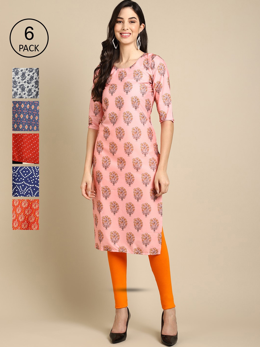 

7Threads Women Pack Of 6 Peach Ethnic Motifs Printed Crepe Kurta