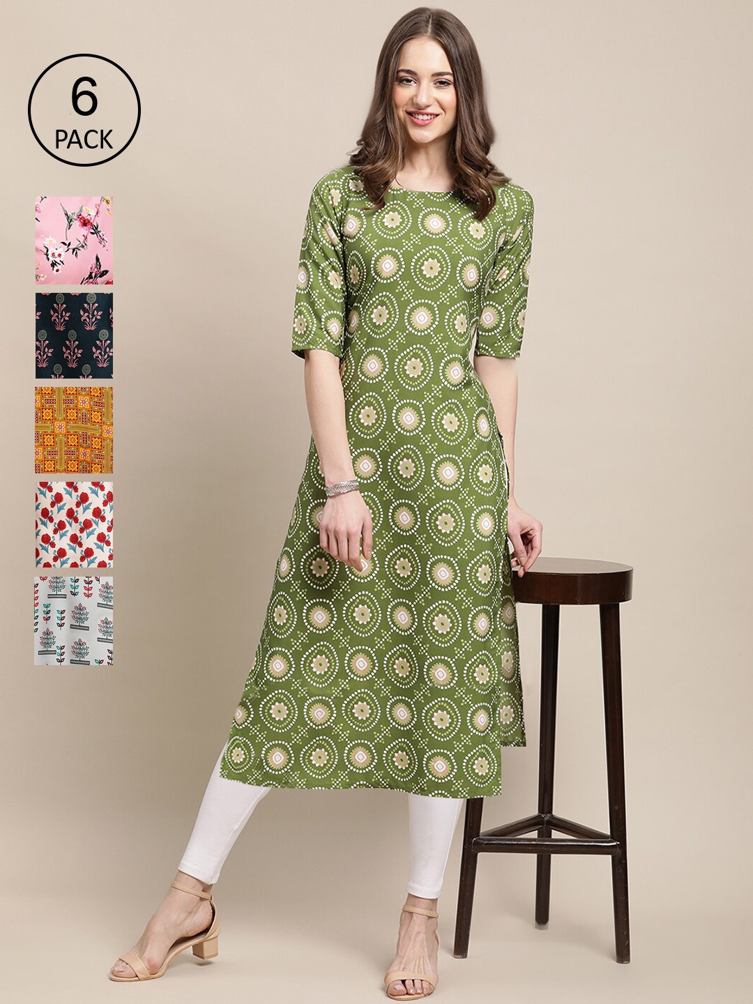 

7Threads Women Pack Of 6 Floral Printed Crepe Kurta, Green