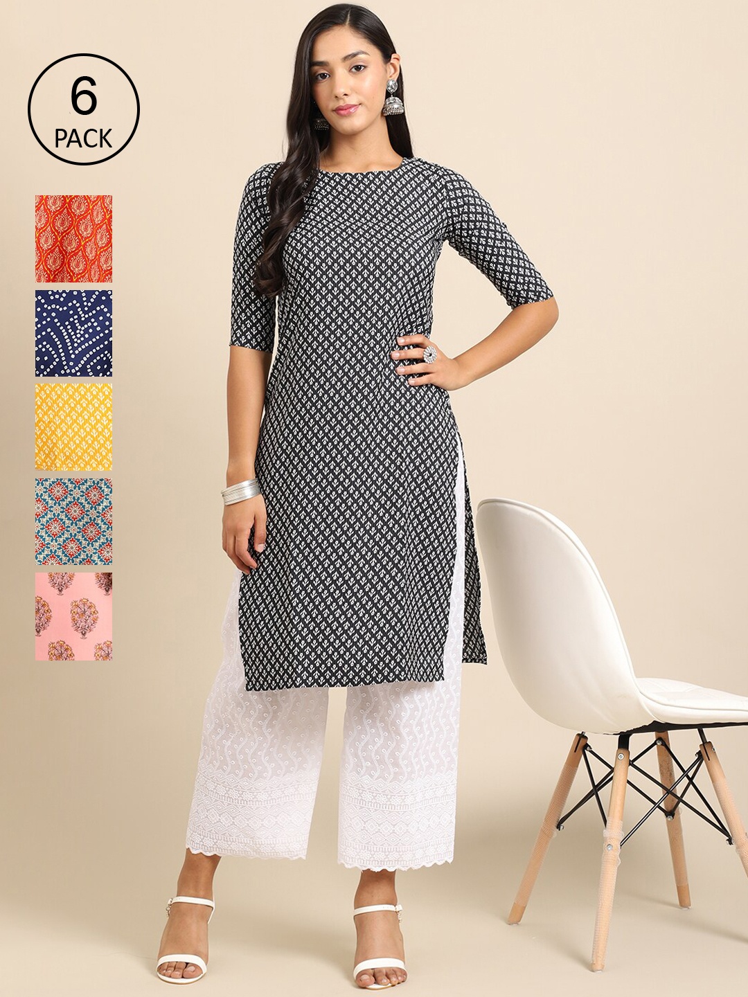 

7Threads Pack of 6 Women Printed Straight Crepe Kurta, Multi