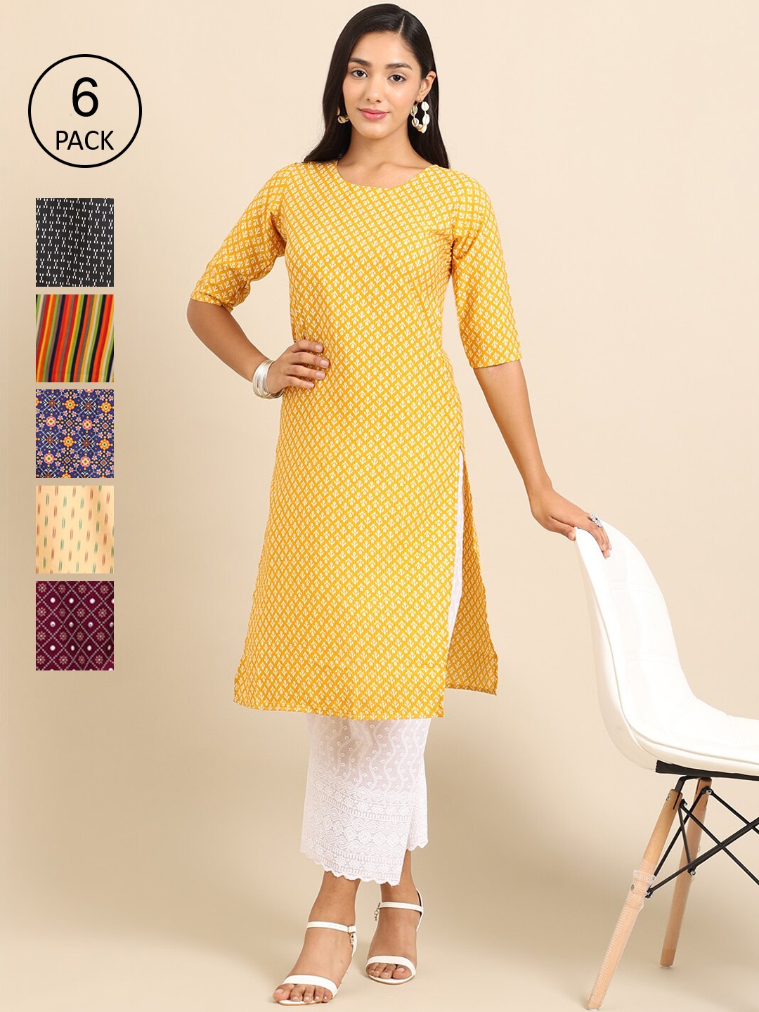 

7Threads Pack of 6 Women Yellow & Magenta Printed Crepe Kurta