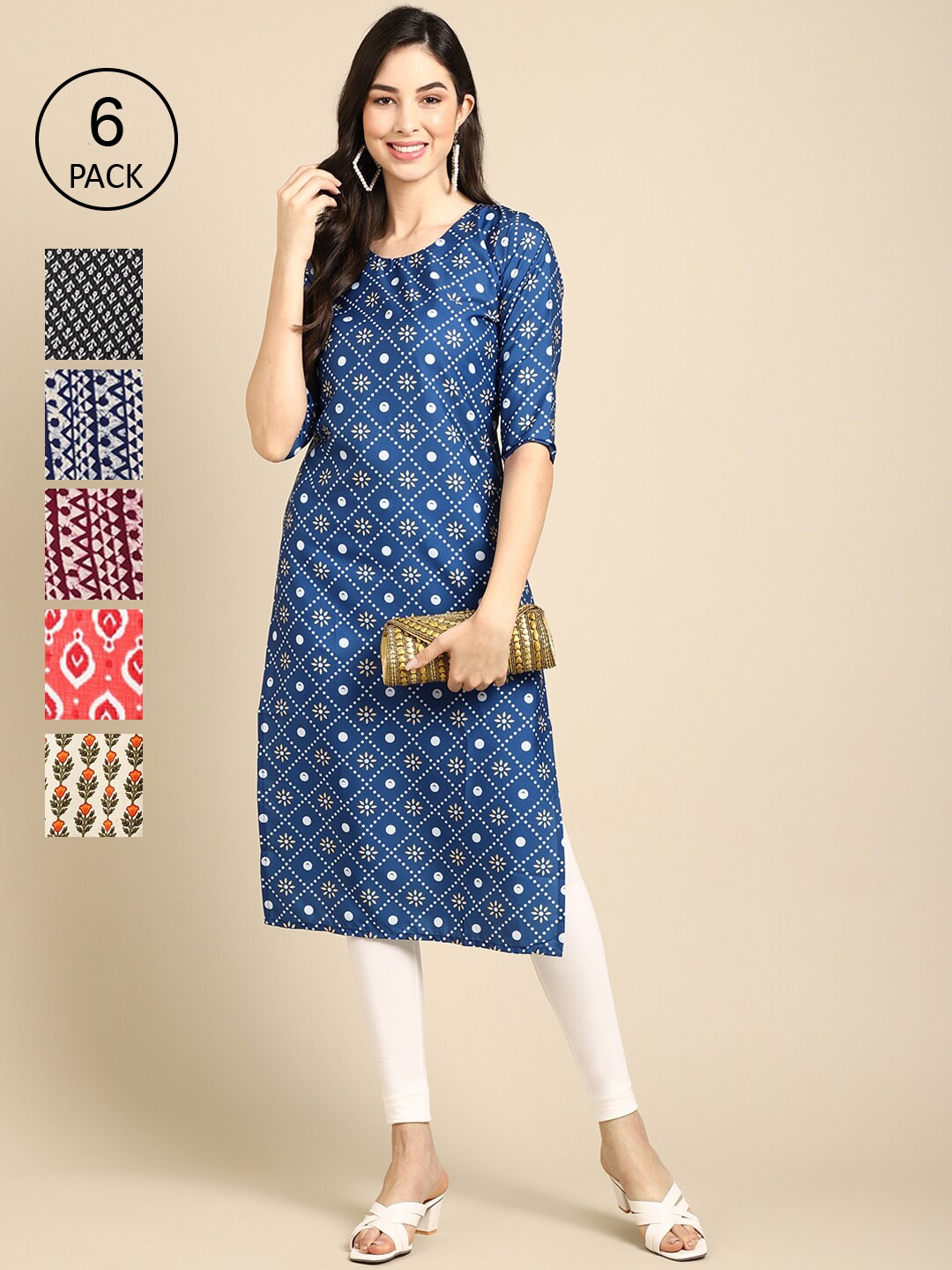 

7Threads Women Pack Of 6 Blue & Black Printed Crepe Kurta