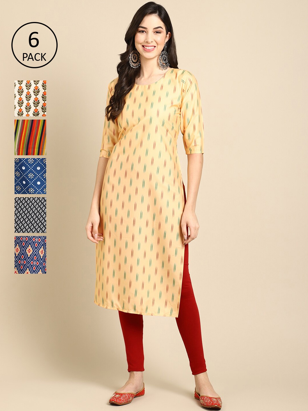 

7Threads Women Pack Of 6 Multicoloured Geometric Printed Crepe Kurta, Multi