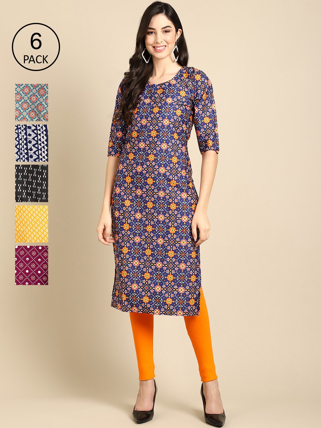 7Threads Women Pack Of 6 Multicoloured Geometric Printed Crepe Kurta, Multi