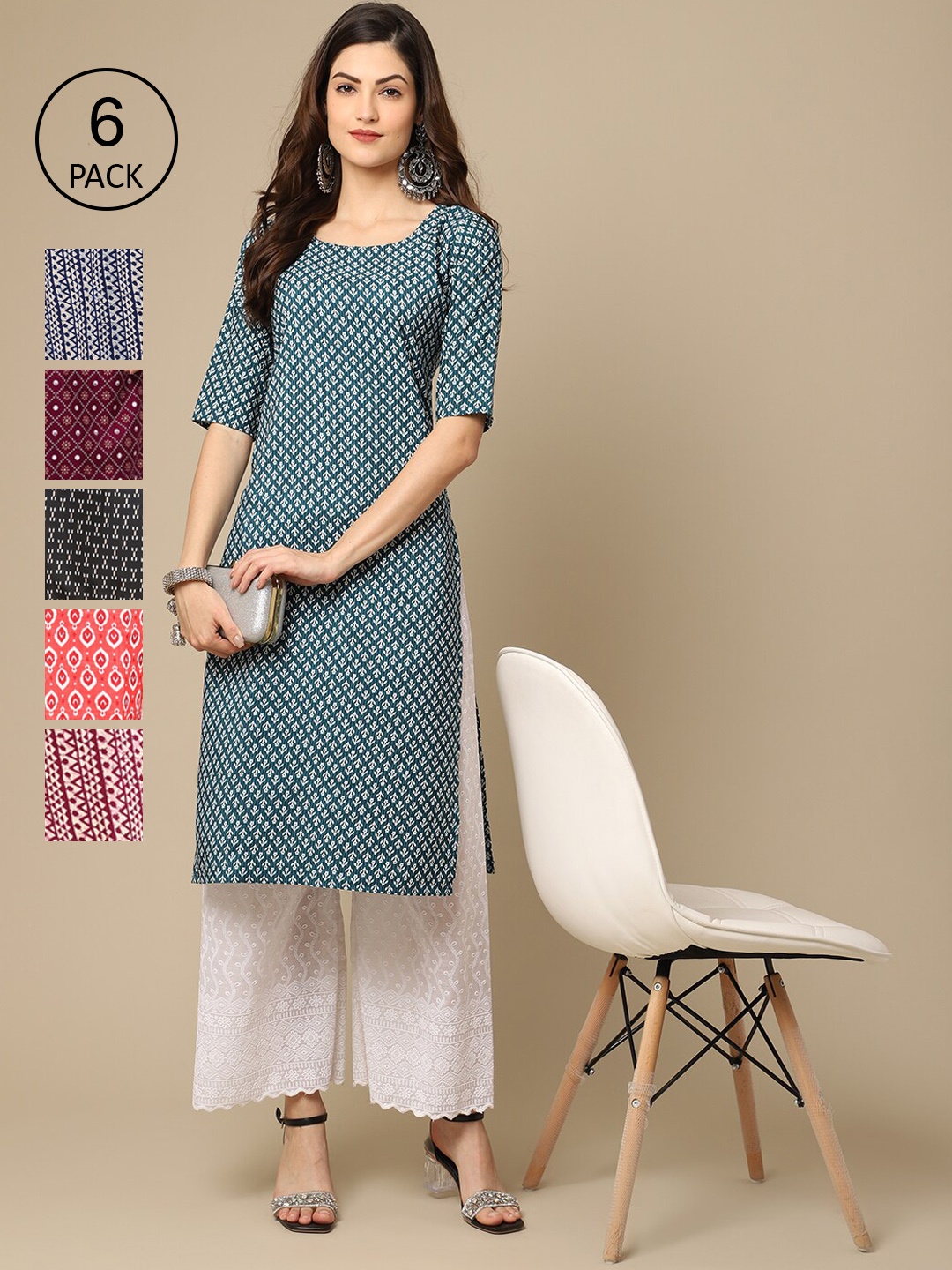 7Threads Women Pack Of 6 Multicoloured Geometric Printed Crepe Kurta, Multi