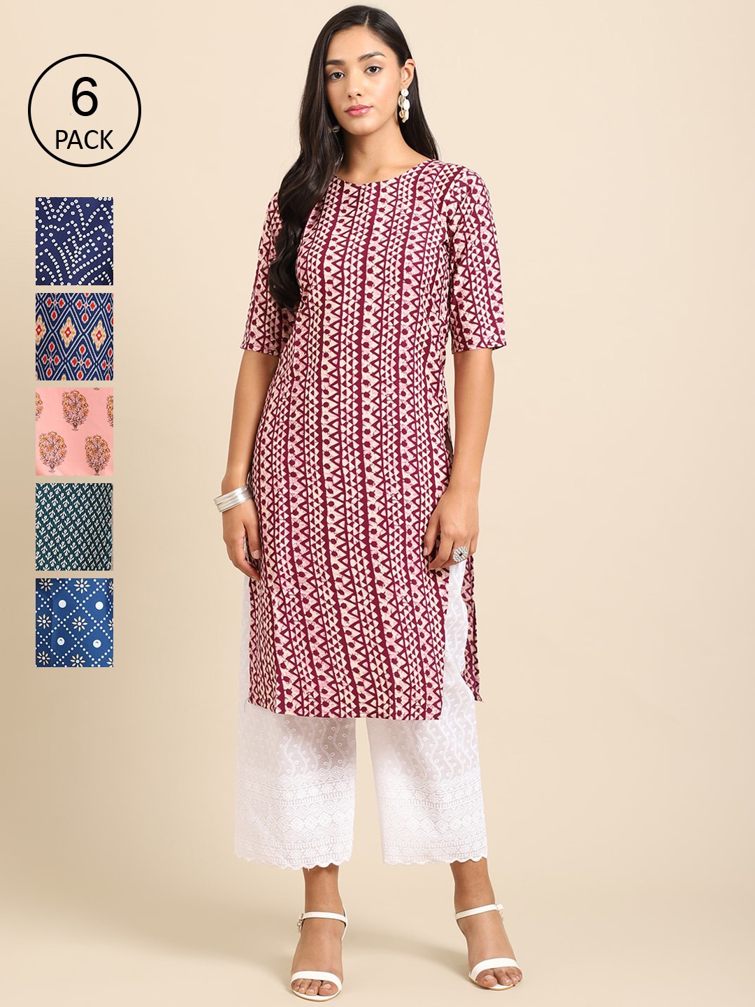 

7Threads Women Pack Of 6 Multicoloured Geometric Printed Crepe Kurta, Multi