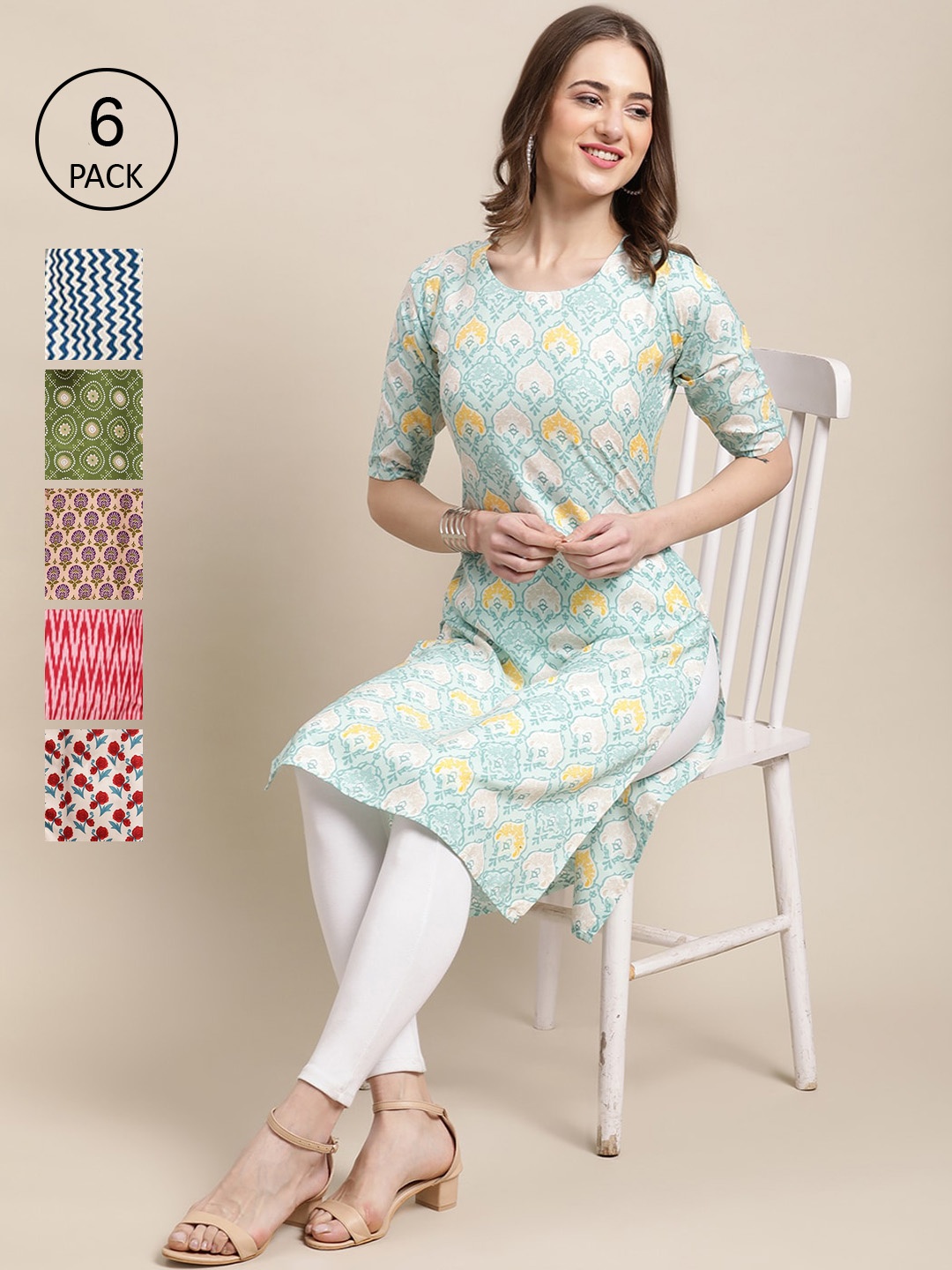 

7Threads Women Pack Of 6 Multicoloured Floral Printed Crepe Kurta, Multi