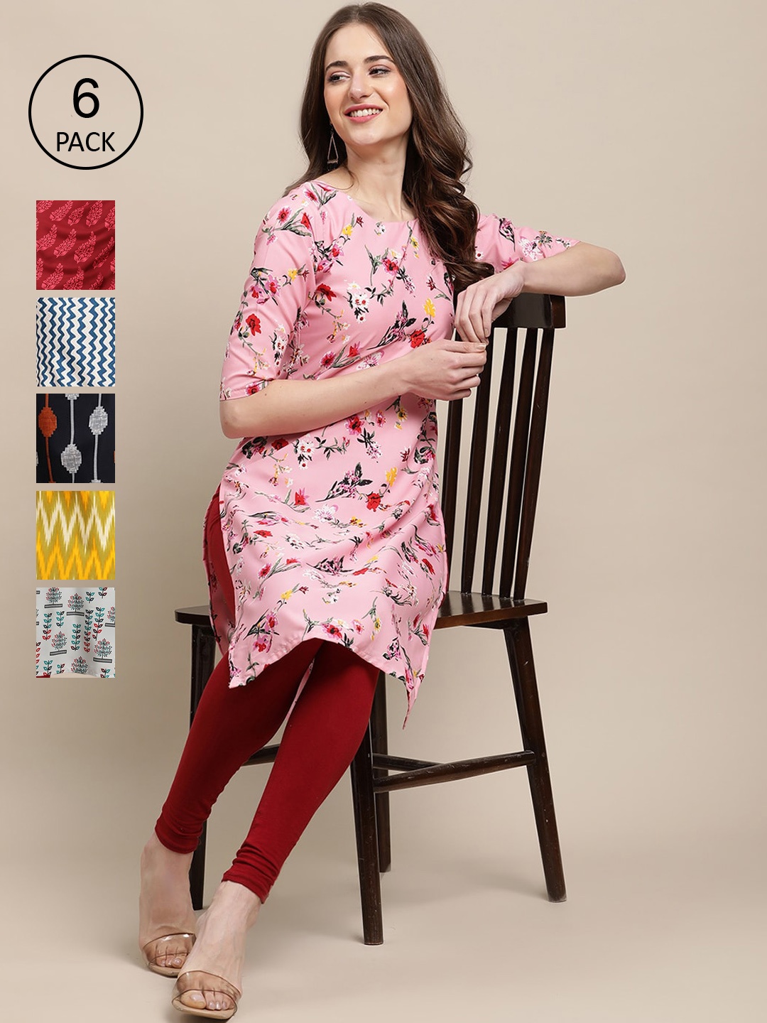 

7Threads Women Pack Of 6 Multicoloured Floral Printed Crepe Kurta, Multi