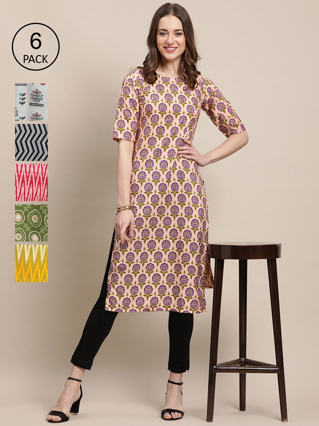 

7Threads Women Pack Of 6 Ethnic Motifs Printed Crepe Kurta, Yellow
