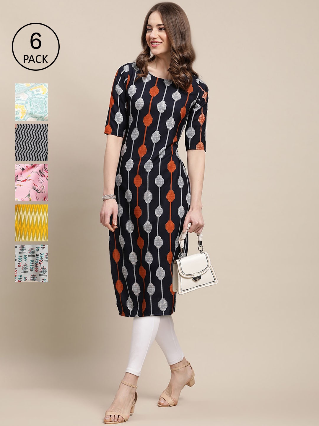 

7Threads Women Pack Of 6 Printed Crepe Kurta, Black