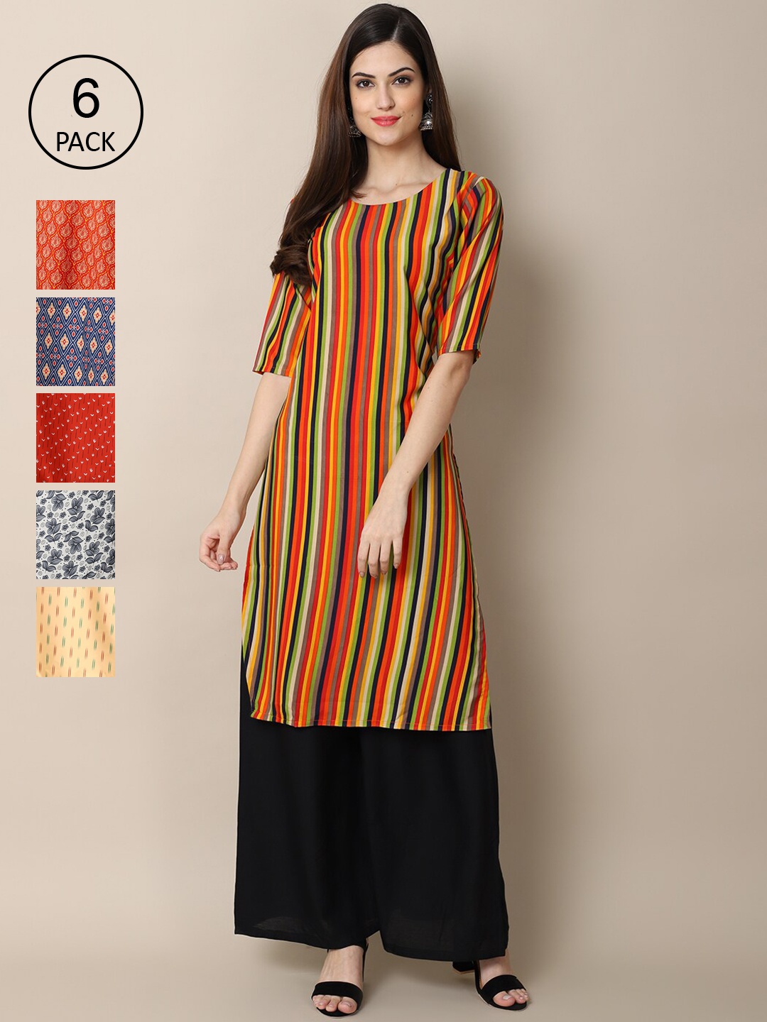 

7Threads Women Pack of 6 Mustard Yellow & Red Geometric Printed Crepe Kurta