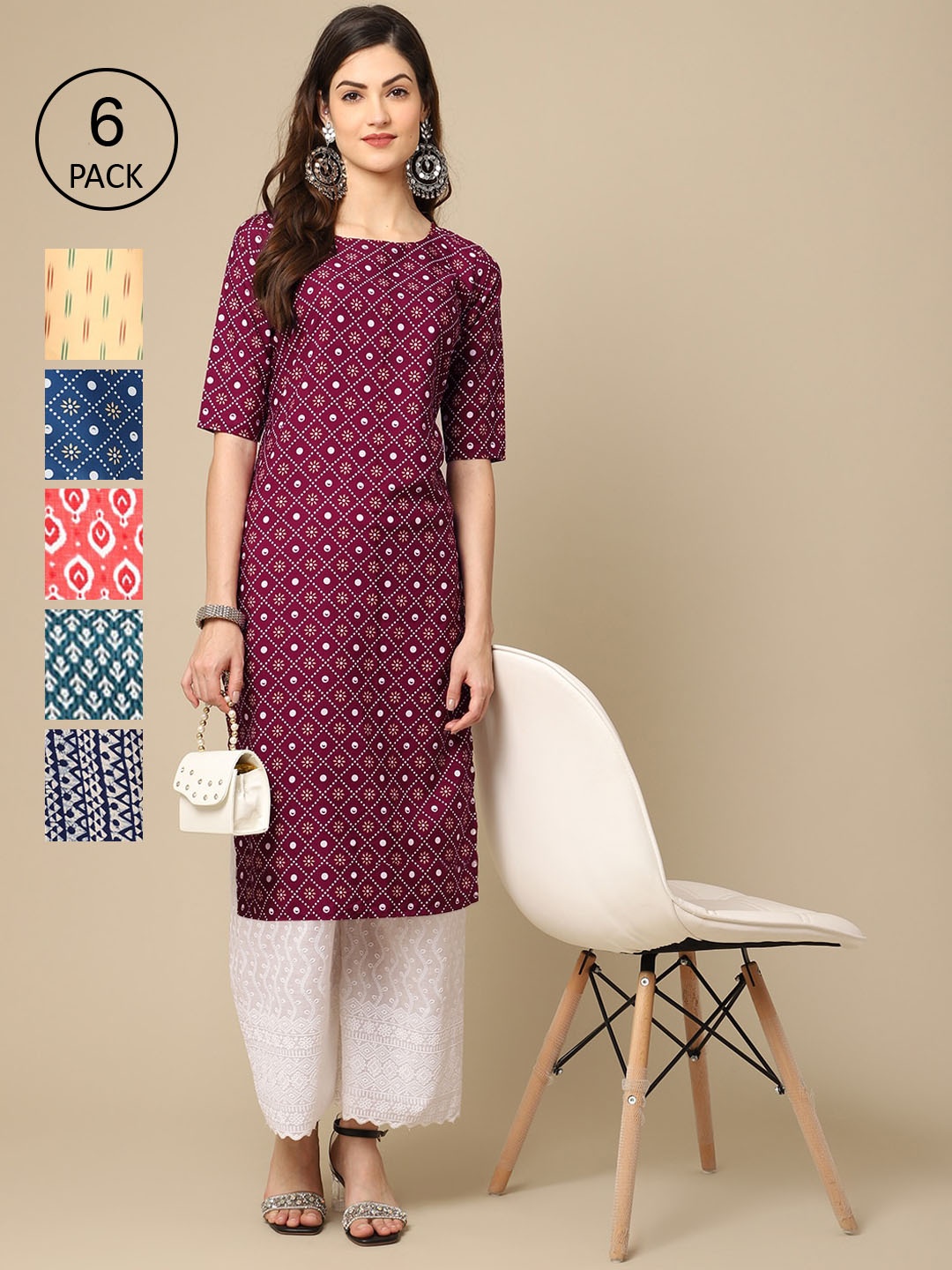 

7Threads Women Pack of 6 Magenta & Yellow Striped Crepe Kurta