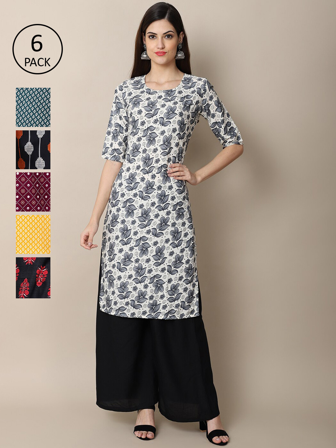 

7Threads Women Pack of 6 Digital Printed Crepe Straight Kurtas, Grey