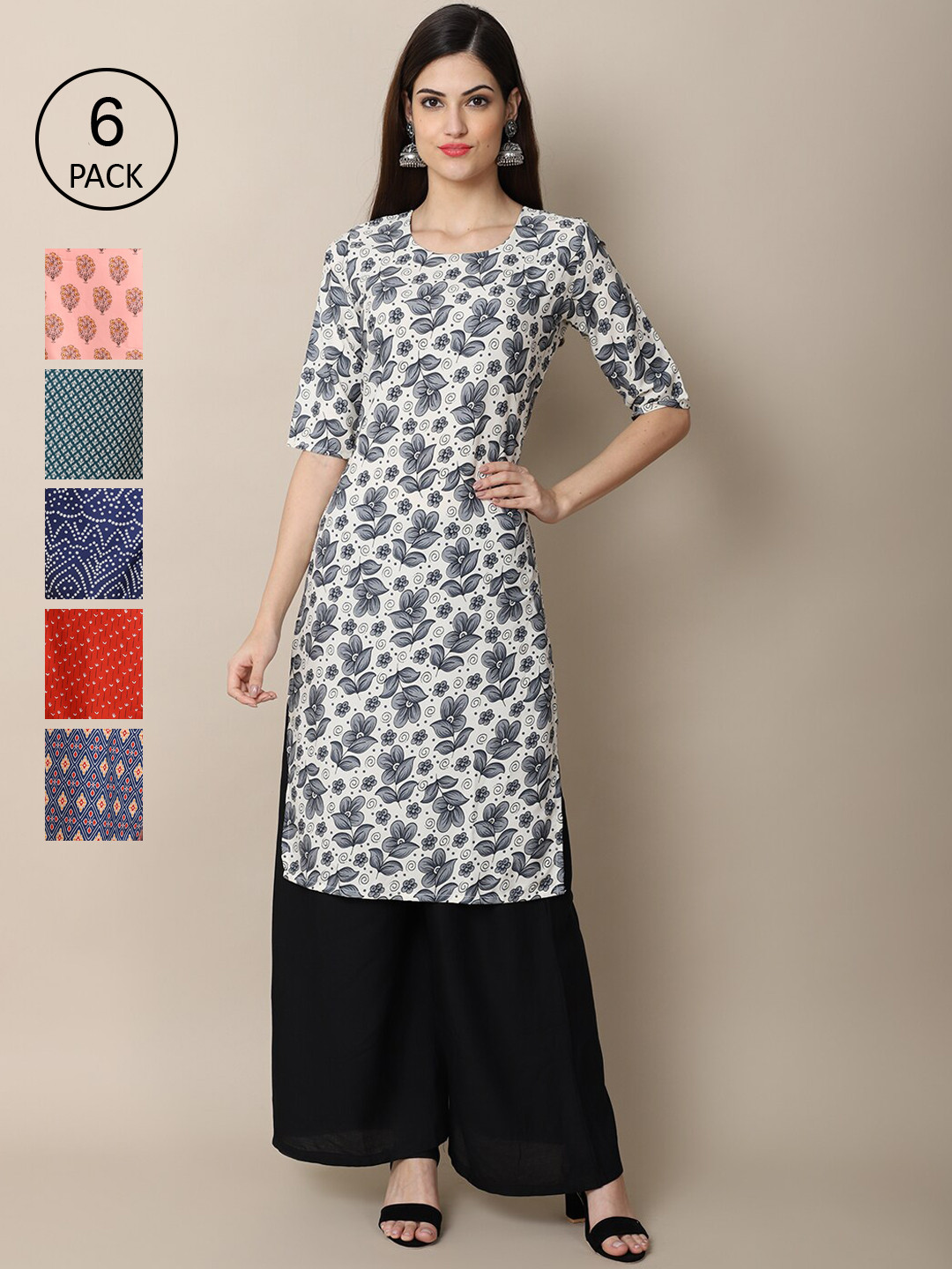 

7Threads Women Pack of 6 Printed Crepe Kurtas, Multi