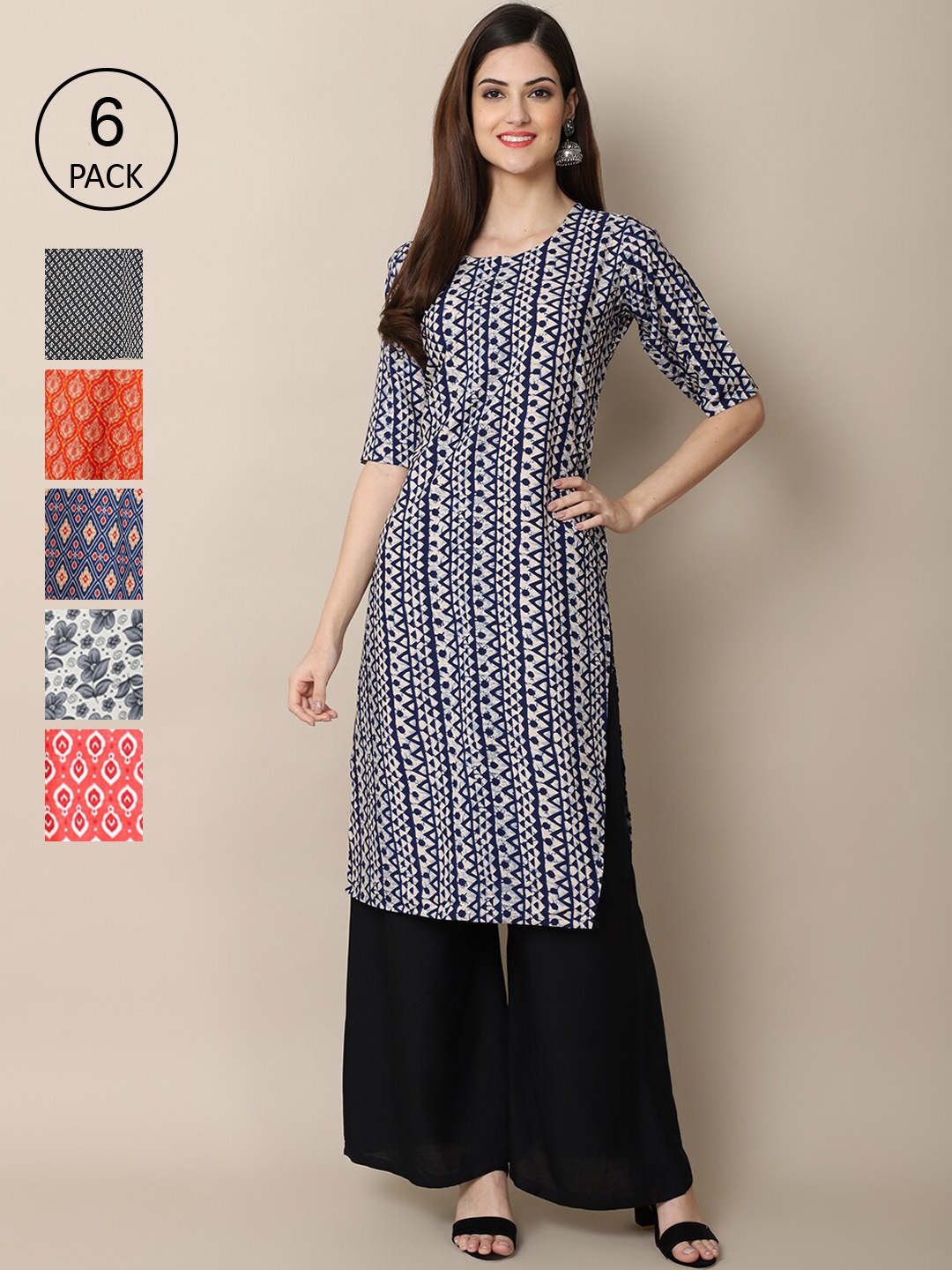 

7Threads Women Pack Of 6 Ethnic Motifs Printed Crepe Kurta, Black