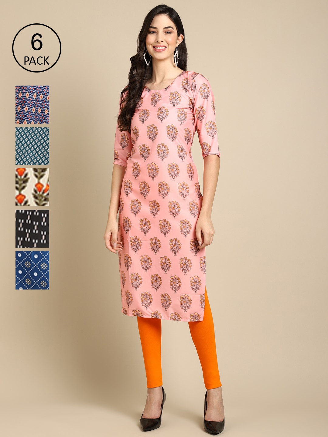 

7Threads Women Pack Of 6 Printed Crepe Straight Kurta, Blue
